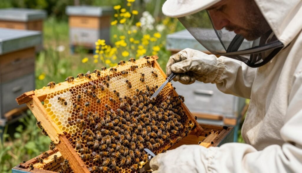 A detailed scene of a beekeeper examining a bee colony, focusing on a cluster of worker bees surrounding a newly accepted queen bee. In the foreground, the beekeeper, dressed in professional yet modest bee suit attire, uses a hive tool to inspect the frames, ensuring the presence of eggs. In the middle ground, vibrant honeycomb frames are filled with bees, showcasing a diverse range of colors and intricate patterns. In the background, a sunny apiary setting with wooden hives and blooming wildflowers adds depth and context. The lighting is natural, casting soft shadows to create a warm, inviting atmosphere, while the angle is slightly elevated, providing a clear view of the action. The overall mood is one of discovery and care as the beekeeper addresses queen acceptance issues among the bees.