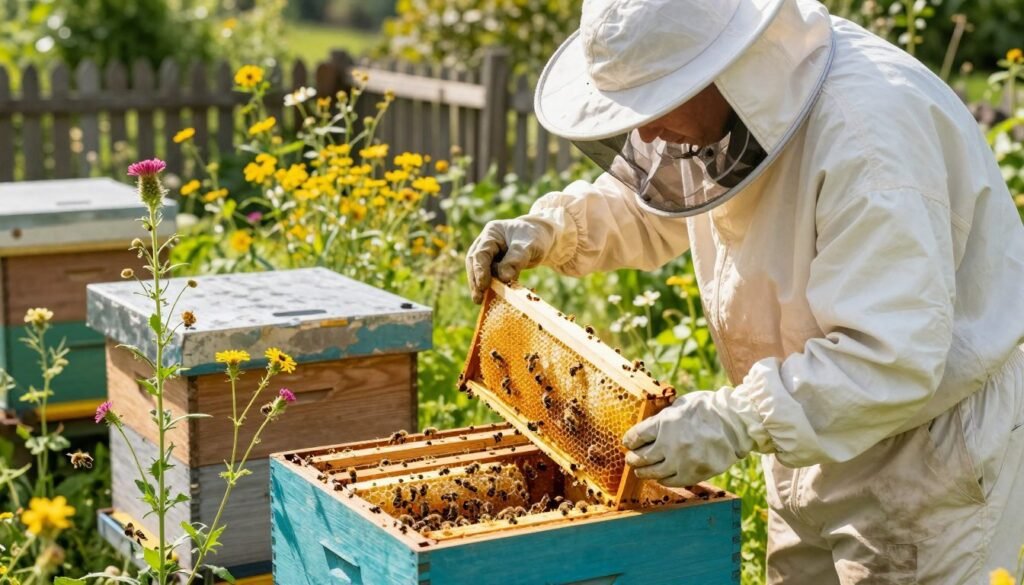 A detailed scene of a beekeeper expanding a 5-frame nuc hive in a lush, green garden during a sunny day. In the foreground, the beekeeper, dressed in a white, professional bee suit with a veil and gloves, is gently lifting frames from the nuc hive, revealing golden honeycomb and buzzing bees. In the middle, the nuc hive is open, showing the frames arranged neatly, surrounded by flowering plants that attract bees. The background features vibrant wildflowers and a wooden fence, bathed in warm sunlight that creates a serene and inviting atmosphere. The scene captures the careful, methodical process of hive expansion, emphasizing safety and professionalism. The lighting should be bright and natural, highlighting the details in the beekeeper's actions and the lively environment.