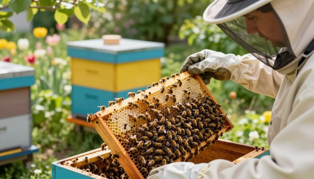 A detailed scene of a beekeeper in a professional attire, carefully assessing the status of a bee colony. In the foreground, show the beekeeper wearing protective gloves and a veil, inspecting a frame filled with activity, where bees are clustering around the queen. In the middle, depict a vibrant beehive bustling with worker bees and a visible queen, surrounded by honeycomb cells. In the background, include a sunny garden setting with blooming flowers and lush greenery, complemented by soft, dappled sunlight filtering through the leaves. The composition should convey a sense of calm observation and dedication to the health of the colony, emphasizing the importance of assessing before requeening. The angle should be slightly overhead to capture the intricate details of the bees and the hive.