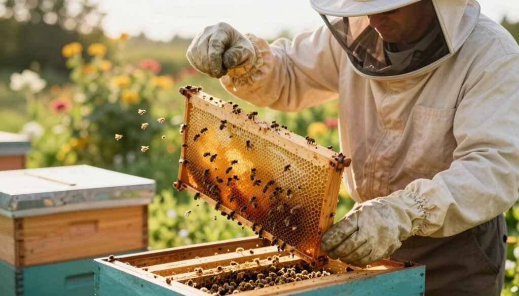 A detailed scene of a beekeeper in a professional outfit actively managing a honey extraction setup in a bright, natural outdoor setting. In the foreground, focus on the beekeeper using an escape cone to facilitate honey removal, showcasing the cone's structure and placement. In the middle ground, include honey supers with bees calmly buzzing around, highlighting the bees' escape route and their behavior. The background features a lush garden filled with flowering plants, softly illuminated by warm, late afternoon sunlight. Use a shallow depth of field to emphasize the beekeeper and the escape cone, imparting a sense of serene focus and expertise in the art of honey harvesting. The mood should be calm and productive, capturing the essence of a successful honey removal practice.
