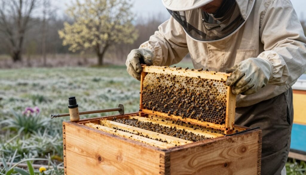 A detailed scene of a beekeeper preparing package bees for installation during cold spring weather. In the foreground, a sturdy wooden table holds a stack of wooden bee packages, neatly assembled with vibrant, yet muted colors of the bees inside buzzing gently. The middle ground features a beekeeper in professional attire, wearing a protective bee veil and gloves, carefully inspecting the packages, with tools like a smoker and hive tool nearby. The background shows a serene, chilly landscape with budding flowers and a light frost on the grass, suggesting spring's arrival. Soft, diffused natural light casts gentle shadows, creating a calm and focused atmosphere, emphasizing the meticulous preparation involved in beekeeping. The angle captures the essence of the task, inviting viewers into the world of beekeeping preparations.