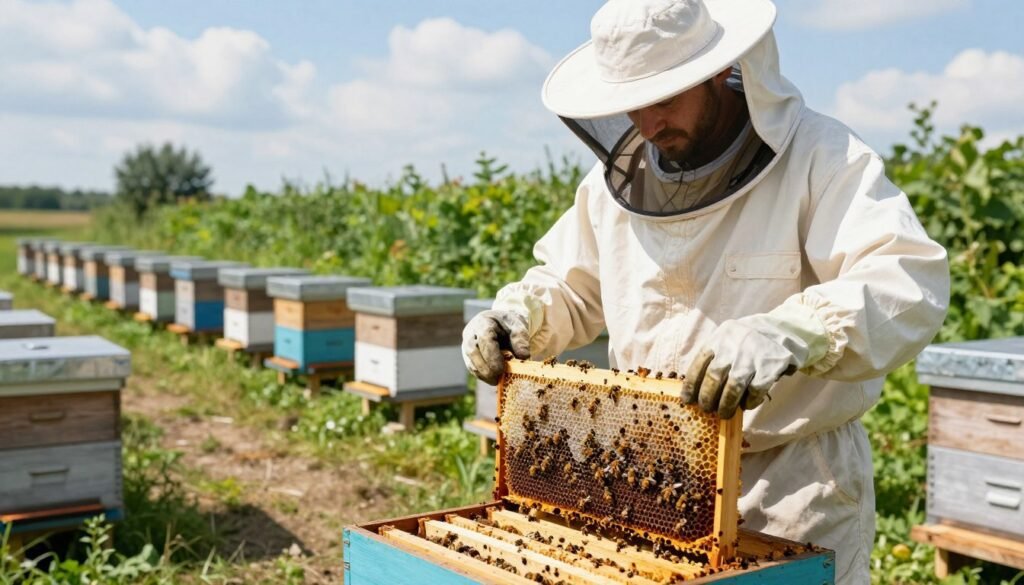 A detailed scene of a hive inspection in an outdoor setting. In the foreground, a professional beekeeper, dressed in a white protective suit and gloves, carefully examines a frame filled with honeycomb, showcasing bees actively working. The middle ground displays several rented beehives arranged neatly in rows with vibrant greenery surrounding them. The background features a sunny blue sky with soft, fluffy clouds, enhancing the serene atmosphere of the setting. The lighting is natural and bright, casting gentle shadows on the ground. The scene should convey a sense of diligence and care in bee farming, highlighting the importance of inspecting hives post-pollination in a calm, inviting mood.