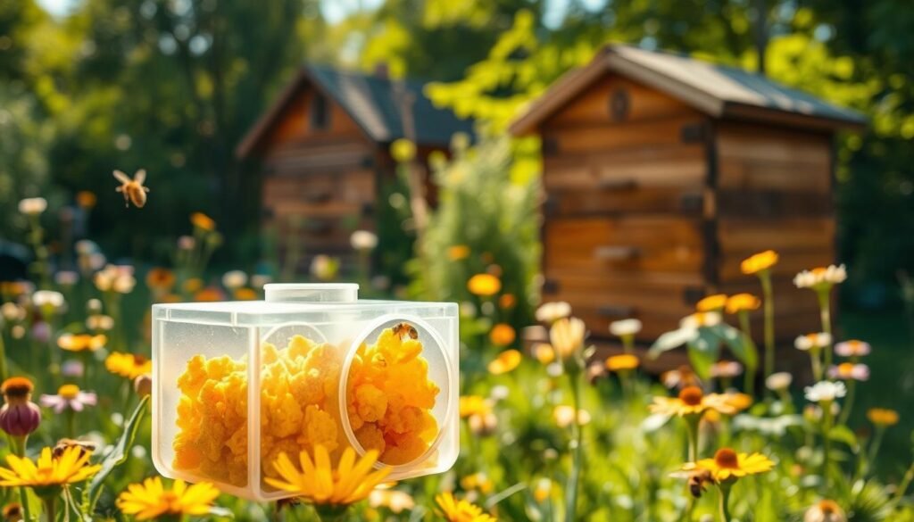 A detailed scene of a pollen trap designed for hobby beekeepers, placed prominently in the foreground. The trap, made of durable plastic with a clear collection chamber, showcases vibrant yellow and orange pollen clumps inside. In the middle ground, a garden filled with blooming wildflowers, attracting bees buzzing around, enhances the setting. The background features a quaint wooden beehive nestled against a lush green backdrop of trees and sunlight filtering through the leaves. The scene is illuminated by warm, natural light, creating a peaceful, inviting atmosphere. A shallow depth of field focuses on the pollen trap while softly blurring the surrounding elements, emphasizing its importance in the world of beekeeping.