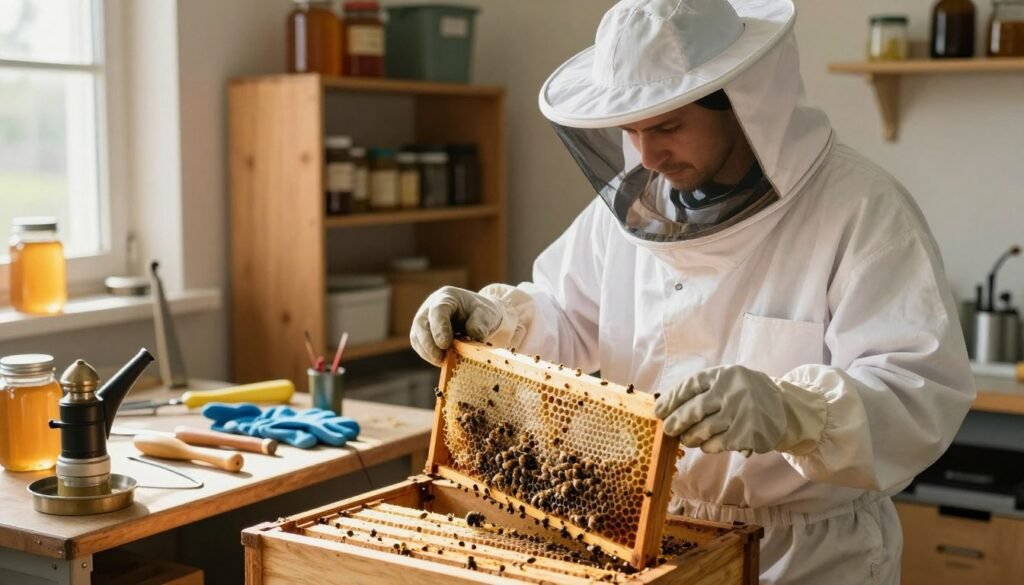 A detailed scene of a professional inspecting beekeeping frames in a well-lit workshop. In the foreground, a person wearing a white beekeeper suit, complete with a veil and gloves, examines a wooden frame filled with honeycomb, showcasing bees and brood. The middle ground features various beekeeping tools such as hive tools, gloves, and a smoker, neatly arranged on a workbench. In the background, shelves filled with additional beekeeping equipment and jars of honey create a homey atmosphere. Natural light streams in through a window, casting soft shadows, while warm tones emphasize a sense of care and diligence. The mood is focused and professional, reflecting the importance of equipment inspection in beekeeping.