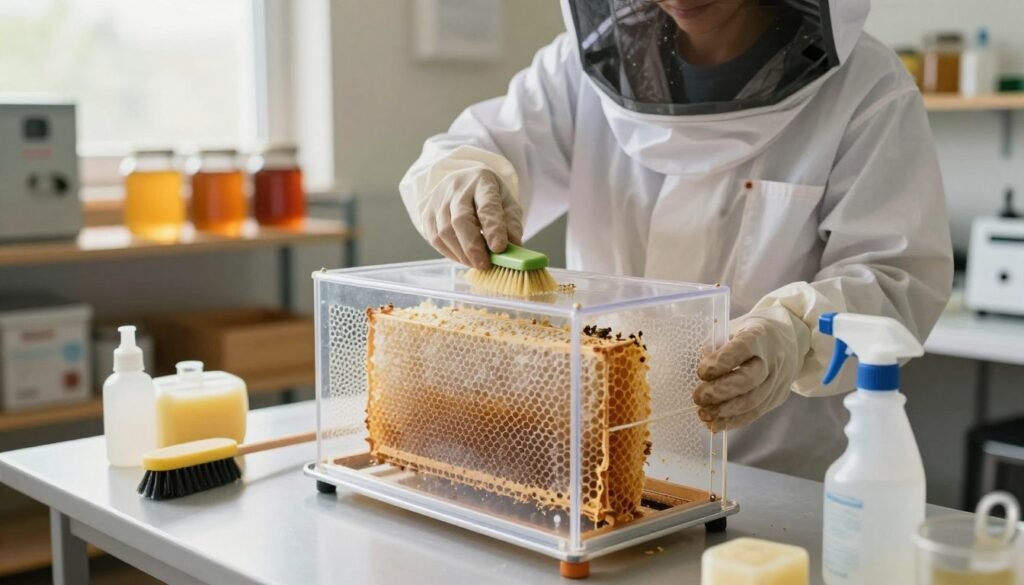 A detailed scene of a queen bee cage being sanitized, set in a well-lit work area. In the foreground, a transparent queen bee cage with delicate perforations showing a glimpse of honeycomb inside, is surrounded by cleaning supplies like brushes, soap, and a spray bottle. In the middle, an individual in professional attire carefully scrubs the cage with a brush, showcasing a meticulous approach to cleanliness. The background features shelves stocked with beekeeping equipment and jars of honey, bathed in soft, natural light coming from a nearby window. The mood is focused and industrious, emphasizing the importance of proper sanitization in beekeeping.