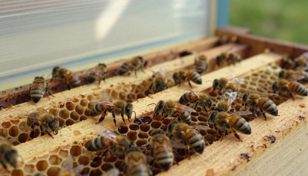 A detailed scene of a queenless bee hive, showcasing the interior of a wooden hive. In the foreground, several worker bees are seen clustering together, appearing disoriented and listless, with empty cells and a few drone bees visible. The middle section reveals honeycomb frames, some filled with honey but mostly vacant, indicative of a weakened colony. The background features soft, natural lighting filtering through a transparent outer hive cover, casting gentle shadows and highlighting the bees' textured bodies. The atmosphere conveys a sense of urgency and vulnerability, emphasizing the plight of the struggling hive. Capture this moment with a slightly angled perspective, focusing on the hive's interior to evoke empathy and concern for the queenless colony.