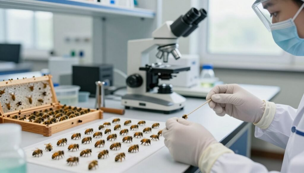 A detailed scene of a "rope test for bees," showcasing an array of bee samples on a laboratory table. In the foreground, focus on a pair of hands in professional gloves examining a length of rope specifically designed for the test, with bees crawling over it. In the middle ground, include a microscope and various beekeeping tools like a hive frame and a smoker, emphasizing the diagnostic process. The background features a well-lit laboratory setting, filled with shelves of bee specimens and scientific equipment. Use soft natural light filtering through a window, creating a focused, serious atmosphere for a scientific examination. The image should be clear and professional, highlighting the meticulous nature of bee health diagnostics. A detailed scene of a "rope test for bees," showcasing an array of bee samples on a laboratory table. In the foreground, focus on a pair of hands in professional gloves examining a length of rope specifically designed for the test, with bees crawling over it. In the middle ground, include a microscope and various beekeeping tools like a hive frame and a smoker, emphasizing the diagnostic process. The background features a well-lit laboratory setting, filled with shelves of bee specimens and scientific equipment. Use soft natural light filtering through a window, creating a focused, serious atmosphere for a scientific examination. The image should be clear and professional, highlighting the meticulous nature of bee health diagnostics.