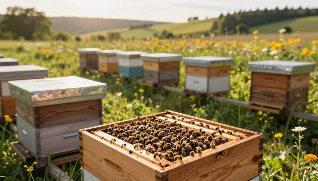 A detailed scene of a walkaway split nuc setup in a sunny, outdoor apiary. In the foreground, showcase a wooden hive box opened to reveal frames filled with bees, displaying a healthy colony. The middle ground features several similar nucs arranged neatly, surrounded by vibrant wildflowers and lush green grass, emphasizing a thriving environment. In the background, gentle hills and trees create a rustic and peaceful atmosphere. Use warm, natural lighting to enhance the image, capturing the golden hues of the sun during late afternoon. Capture the scene from a slight elevation, providing a clear view of the nucs while maintaining a soft focus on distant elements, evoking a sense of tranquility and effective beekeeping management.