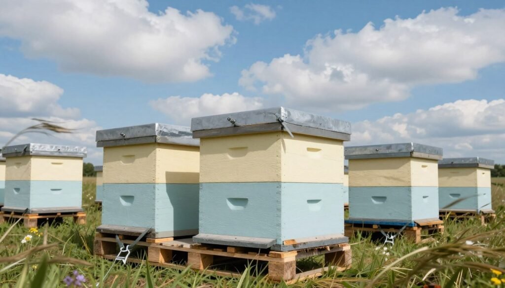 A detailed scene of a windy apiary showing secure hives anchored with ratchet straps. In the foreground, highlight several hives, painted in soft pastel colors, tightly secured to sturdy wooden pallets with visible ratchet straps. The middle ground features gently swaying grasses and wildflowers, emphasizing the strength of the anchors against gusty winds. In the background, a vibrant blue sky filled with fluffy white clouds sets an atmospheric contrast. The lighting is bright, simulating a sunny day with soft shadows that enhance the textures of the hives and straps. Capture the scene from a low angle, providing a sweeping view of the setup, conveying a sense of reliability and calm in the windy environment, evoking confidence in the anchoring solutions.
