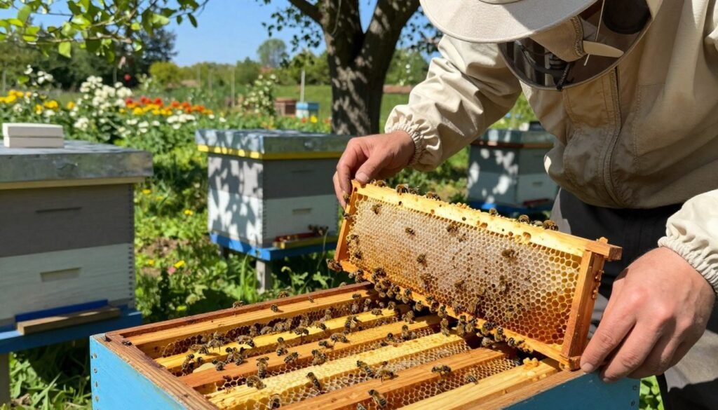 A detailed scene of an apiary, showcasing a beekeeper in modest, professional attire meticulously scaling wooden frames filled with honeycomb. In the foreground, close-up on hands gently grasping the frames, revealing glistening honeycomb cells, surrounded by buzzing bees. The middle ground features several apiary boxes neatly arranged, with sunlight streaming through trees, casting dappled shadows. The background shows a vibrant green garden with blooming flowers attracting bees, all under a clear blue sky. The atmosphere feels industrious yet serene, with soft, natural lighting that highlights the intricate details of the frames and the busy activity of the bees. The camera angle captures a dynamic view, emphasizing the craftsmanship and care involved in scaling the frames in a thriving apiary setting.