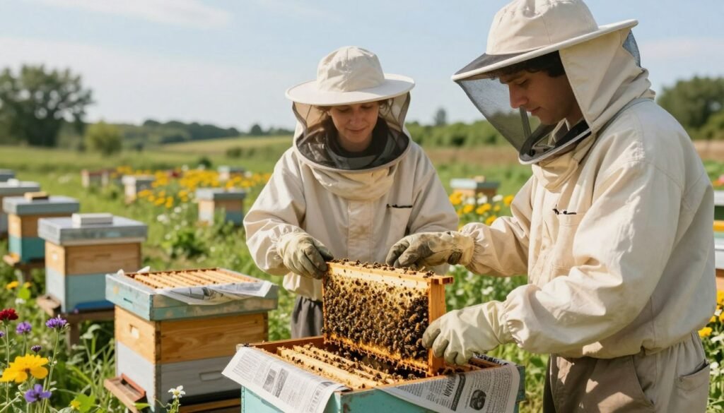 A detailed scene of beekeepers using the newspaper method for requeening in a bright apiary. In the foreground, two beekeepers, one male and one female, are dressed in professional beekeeping suits with veils, gently placing a new queen bee's cage into a hive lined with a newspaper. In the middle ground, open hives with a mix of bees buzzing around, framed by vibrant flowers and greenery. The background showcases a clear blue sky and distant trees, adding depth to the environment. Warm, soft sunlight bathes the scene, creating a tranquil, cooperative atmosphere, emphasizing the delicate process of requeening in beekeeping.