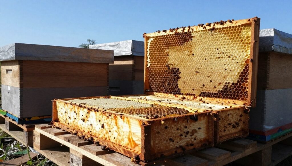 A detailed scene of open air storage for contaminated beehive frames, showcasing a cluster of frames placed on wooden pallets under a clear blue sky. In the foreground, several beehive frames show signs of wax moth damage, with remnants of wax and larvae visible on the surfaces. The middle ground includes a row of stacked frames, with sunlight casting dynamic shadows, emphasizing the texture of the wood and the moths. In the background, hints of natural vegetation add a rustic feel, while a soft breeze suggests movement in the scene. The overall atmosphere is one of careful examination and environmental awareness, captured with a wide-angle lens to create depth, bathed in natural daylight to enhance visibility and detail.