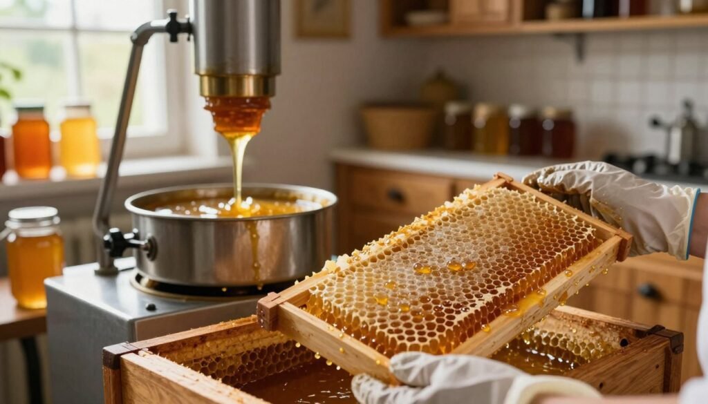 A detailed scene of the extraction process of raw honey, featuring a close-up view of a honeycomb being gently harvested. In the foreground, a hand wearing a protective glove holds a frame of golden honeycomb, glistening with fresh honey droplets. The middle layer includes an extraction contraption, such as a honey extractor, with honey flowing from it into clear jars. In the background, a sunlit kitchen setting provides a warm atmosphere, with rustic wooden cabinets and shelves lined with various honey jars. Soft, natural lighting filters through a nearby window, creating a serene and inviting ambiance. The overall mood is one of craftsmanship and nature, emphasizing the beauty and purity of honey extraction. A detailed scene of the extraction process of raw honey, featuring a close-up view of a honeycomb being gently harvested. In the foreground, a hand wearing a protective glove holds a frame of golden honeycomb, glistening with fresh honey droplets. The middle layer includes an extraction contraption, such as a honey extractor, with honey flowing from it into clear jars. In the background, a sunlit kitchen setting provides a warm atmosphere, with rustic wooden cabinets and shelves lined with various honey jars. Soft, natural lighting filters through a nearby window, creating a serene and inviting ambiance. The overall mood is one of craftsmanship and nature, emphasizing the beauty and purity of honey extraction.