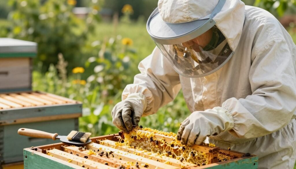 A detailed scene showcasing a person wearing propolis protective gear, including a suit, gloves, and a full face shield, diligently cleaning hive frames. In the foreground, the beekeeper, dressed in professional attire, carefully scrapes off the propolis residue from the frames. The middle ground features several frames covered in propolis, with tools like scrapers and brushes neatly arranged. The background displays a sunlit apiary with lush greenery and a few beehives, creating a tranquil atmosphere. Soft, natural lighting highlights the textures of the gear and propolis, while a slightly blurred depth of field emphasizes the beekeeper's focused expression. The overall mood conveys diligence and care in managing bee-related tasks. A detailed scene showcasing a person wearing propolis protective gear, including a suit, gloves, and a full face shield, diligently cleaning hive frames. In the foreground, the beekeeper, dressed in professional attire, carefully scrapes off the propolis residue from the frames. The middle ground features several frames covered in propolis, with tools like scrapers and brushes neatly arranged. The background displays a sunlit apiary with lush greenery and a few beehives, creating a tranquil atmosphere. Soft, natural lighting highlights the textures of the gear and propolis, while a slightly blurred depth of field emphasizes the beekeeper's focused expression. The overall mood conveys diligence and care in managing bee-related tasks.