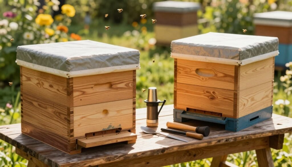 A detailed scene showcasing beekeeping equipment choices, featuring an insulated nuc box on the left and a standard nuc box on the right. The foreground highlights the texture and materials of each box, with rich wooden grains and vibrant colors. In the middle ground, include tools like a smoker, hive tool, and protective gear, arranged neatly on a rustic wooden table. The background features a sunny garden, with blooming flowers and a few bees buzzing around, creating a lively atmosphere. Soft, golden lighting enhances the scene, casting gentle shadows to create depth. The angle is slightly elevated, capturing a broad view of the equipment and surrounding nature, evoking a sense of warmth and connection to beekeeping. A detailed scene showcasing beekeeping equipment choices, featuring an insulated nuc box on the left and a standard nuc box on the right. The foreground highlights the texture and materials of each box, with rich wooden grains and vibrant colors. In the middle ground, include tools like a smoker, hive tool, and protective gear, arranged neatly on a rustic wooden table. The background features a sunny garden, with blooming flowers and a few bees buzzing around, creating a lively atmosphere. Soft, golden lighting enhances the scene, casting gentle shadows to create depth. The angle is slightly elevated, capturing a broad view of the equipment and surrounding nature, evoking a sense of warmth and connection to beekeeping.