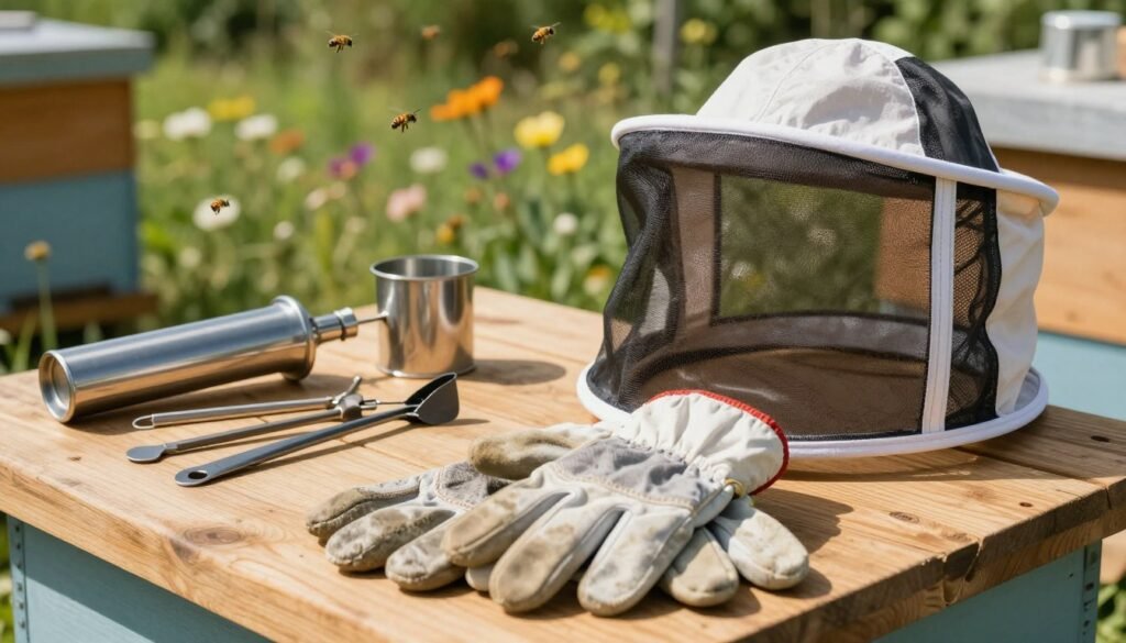A detailed scene showcasing essential beekeeping protective equipment, prominently featuring a pair of sturdy, well-maintained beekeeping gloves and a protective veil with mesh panels, set in the foreground. In the middle ground, display a metallic flame sterilizer and various cleaned beekeeping tools, arranged neatly on a wooden workbench. The background should include a blurred image of a sunny beekeeping yard, with gently swaying flowers and bees flying about. The lighting should be bright and natural, creating a warm and welcoming atmosphere. The composition should focus on the importance of safety and hygiene in beekeeping, with a sharp focus on the protective equipment, highlighting their role in safe practices.