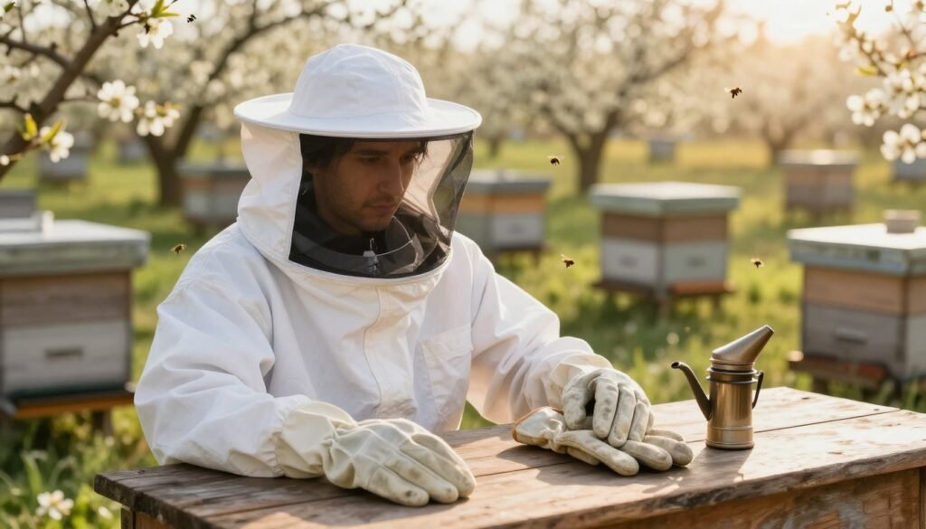 A detailed scene showcasing protective equipment for beekeepers. In the foreground, display a white bee suit with a fitted hood, veil, and gloves, meticulously arranged on a rustic wooden table. Next to it, place a sturdy pair of gloves and a smoker, all appearing well-used yet reliable. In the middle ground, show a gently blurred backdrop of a sunny apiary, with blooming flowers and active bees buzzing around hives, creating a vibrant environment. The lighting is warm and inviting, reminiscent of a late afternoon sun, casting soft shadows that enhance the textures of the equipment. The overall mood is calm and focused, reflecting the careful preparations beekeepers undertake for their safety. A detailed scene showcasing protective equipment for beekeepers. In the foreground, display a white bee suit with a fitted hood, veil, and gloves, meticulously arranged on a rustic wooden table. Next to it, place a sturdy pair of gloves and a smoker, all appearing well-used yet reliable. In the middle ground, show a gently blurred backdrop of a sunny apiary, with blooming flowers and active bees buzzing around hives, creating a vibrant environment. The lighting is warm and inviting, reminiscent of a late afternoon sun, casting soft shadows that enhance the textures of the equipment. The overall mood is calm and focused, reflecting the careful preparations beekeepers undertake for their safety.