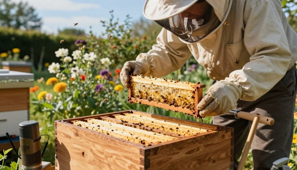 A detailed scene showcasing the process of setting up a full-size hive body. In the foreground, a beekeeper in modest casual clothing carefully assembles the wooden hive components with expert precision, surrounded by tools like a hive tool, smoker, and protective gear. The middle of the image features the hive body itself, crafted from natural wood, displaying its well-organized frames ready for installation. In the background, a lush garden setting with blooming flowers, buzzing bees, and a clear blue sky creates a vibrant atmosphere. The warm afternoon sunlight casts soft shadows, enhancing the natural colors and textures of the hive and surrounding flora, giving a sense of calm and professionalism to the setting.