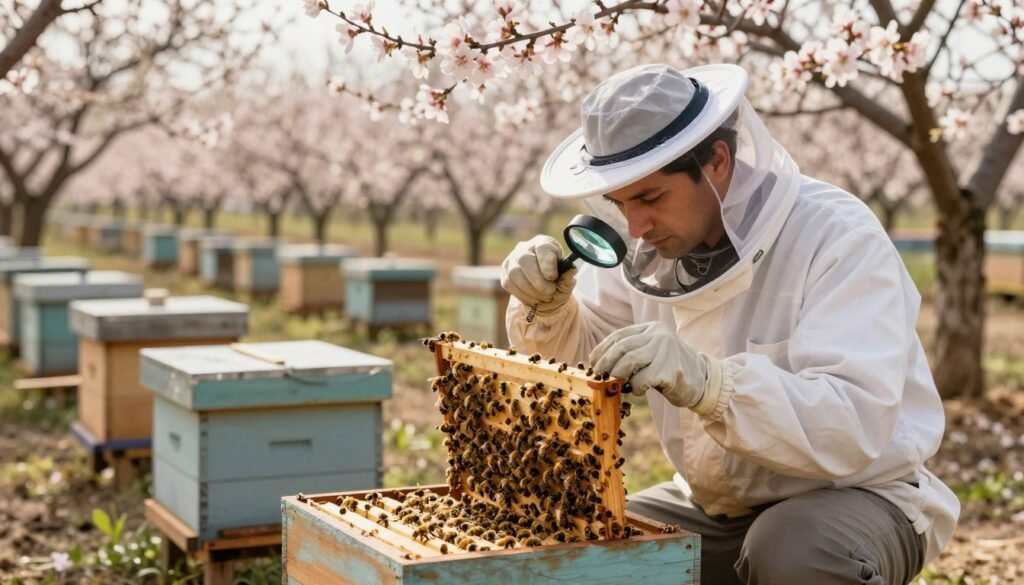 A detailed scene showing a professional bee biologist in a modest outfit, carefully assessing a series of almond bee colonies in a vibrant orchard. In the foreground, the biologist kneels beside a wooden hive, inspecting bees on a frame with a magnifying glass, emphasizing their health and activity levels. The midground showcases several hives arranged systematically in rows, with blooming almond trees creating a beautiful backdrop. Soft, warm sunlight filters through the tree canopy, casting gentle shadows and highlighting the delicate blossoms. The atmosphere is calm and focused, conveying a sense of diligence and expertise in agricultural practices focused on optimal pollination. Use a soft focus on the background to emphasize the biologist's concentration and the meticulous nature of the assessment process.