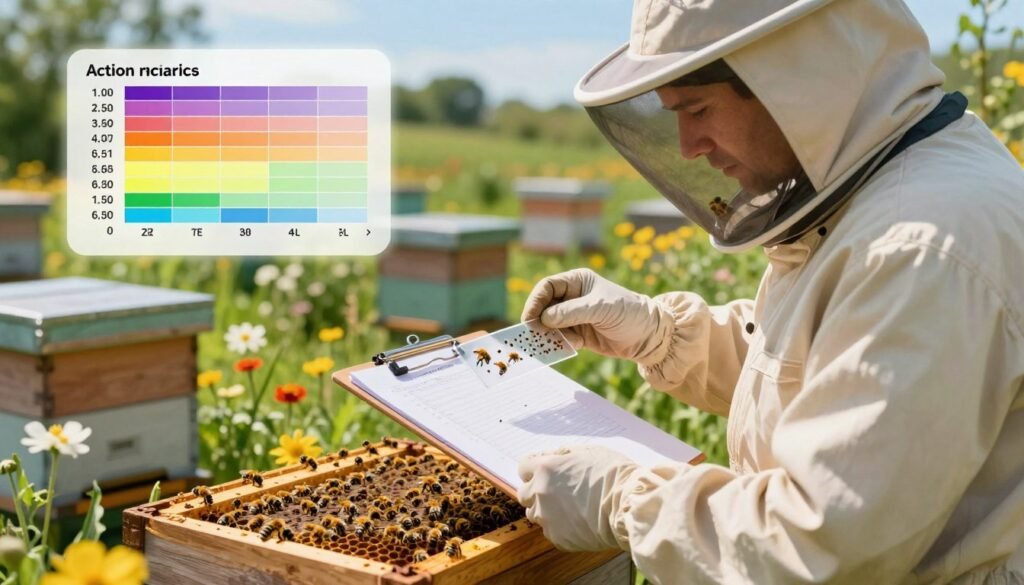 A detailed scientific illustration depicting a beekeeper meticulously analyzing mite counts on a clipboard in a lush apiary. In the foreground, the beekeeper, wearing protective gear and a light-colored suit, studies a transparent mite count slide under natural sunlight. The middle ground features honeybee hives surrounded by vibrant flowers, emphasizing their ecosystem. A chart displaying action thresholds for mite levels, with color-coded zones, is subtly incorporated into the scene, providing visual context. The background includes soft green foliage and a clear blue sky, creating an inviting atmosphere. The lighting is bright and natural, casting gentle shadows that highlight the details, while the scene captures a sense of focused diligence and care for bee health.