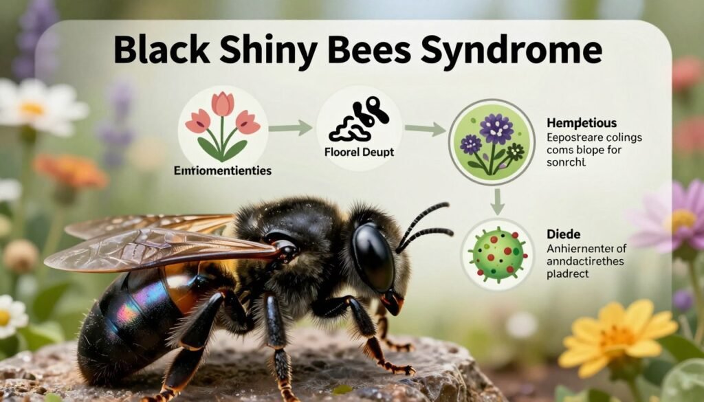 A detailed, scientific illustration depicting the causes of "Black Shiny Bees Syndrome". In the foreground, show a close-up of a black shiny bee with iridescent details on its exoskeleton, showcasing signs of distress, such as unusual behavior or physical abnormalities. In the middle ground, feature a diagrammatic representation of various factors contributing to the syndrome, like floral sources, environmental pollutants, and disease vectors. In the background, create a blurred garden landscape filled with diverse flowers, hinting at their role in bee health. Use soft, natural lighting to emphasize the textures of the bee and the complexity of the environment, capturing a mood of curiosity and concern. The composition should be clear and scientifically engaging, focusing on the theme of research and discovery.