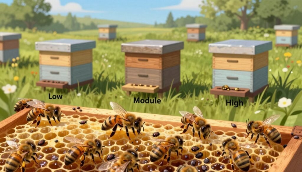 A detailed, scientific illustration depicting varying levels of Varroa mite infestations in honeybee colonies. In the foreground, a close-up of a honeycomb reveals bees actively tending to cells, some containing capped brood infested with visible Varroa mites. The middle ground features three different hive setups, each labeled according to infestation severity: low, moderate, and high. The background showcases a lush apiary under a clear blue sky, with several beehives spaced apart among flowering plants. Soft, natural lighting highlights the textures of the bees and honeycomb, while a shallow depth of field creates a focused effect on the infestations, enhancing the urgency of the subject matter. The overall atmosphere conveys a sense of alarm and the need for immediate action in beekeeping management.