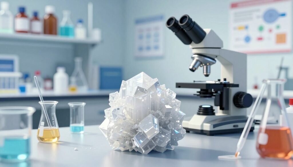 A detailed scientific illustration of oxalic acid in a laboratory setting. In the foreground, a crystalline structure of pure oxalic acid with sharp edges, reflecting light, surrounded by laboratory glassware such as beakers and pipettes. In the middle ground, a microscope and measuring tools hint at ongoing research and experimentation. The background features a softly blurred laboratory with shelves filled with colorful chemical bottles and scientific posters on the walls, hinting at a professional environment focused on organic acid applications in beekeeping. The lighting is bright, with a focus on the chemical structure to enhance clarity and detail. The mood is analytical and precise, conveying a sense of scientific exploration and innovation.