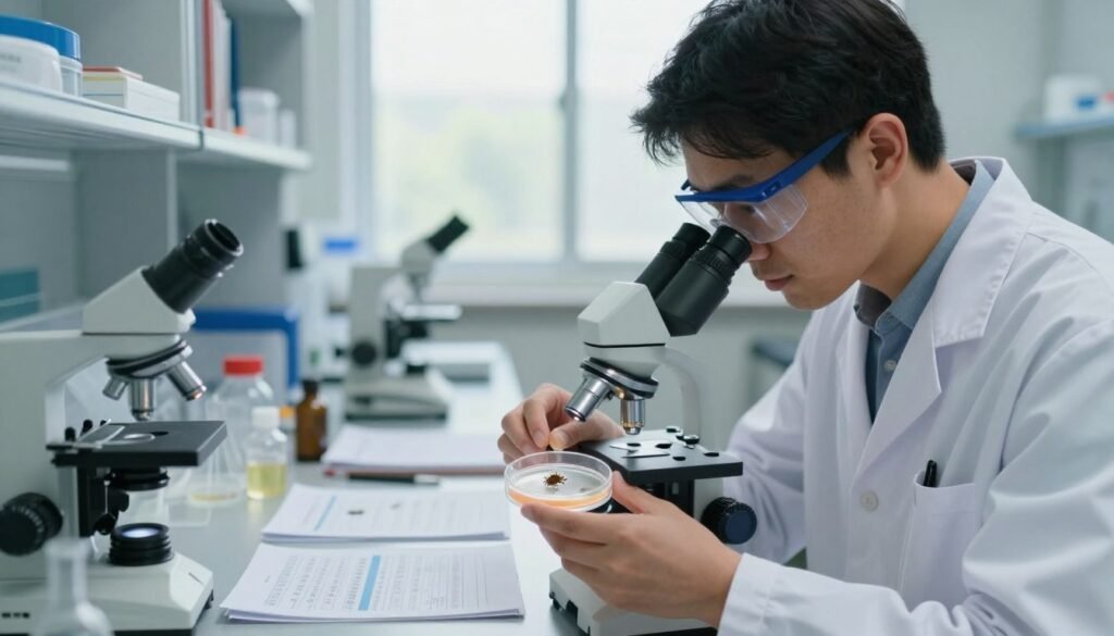 A detailed, scientific scene depicting an entomologist interpreting mite count results in a modern laboratory setting. In the foreground, a focused researcher in a lab coat and safety glasses examines a petri dish containing a sample of mites under a microscope, with a clear expression of concentration. The middle ground features a cluttered lab bench with various tools, vials, and data charts scattered around, creating an atmosphere of active research. The background shows shelves filled with scientific books and a large window allowing natural light to illuminate the space, casting soft shadows. The overall mood is professional and analytical, emphasizing the importance of precision in mite management. The image is captured with a shallow depth of field, highlighting the researcher while slightly blurring the background details.
