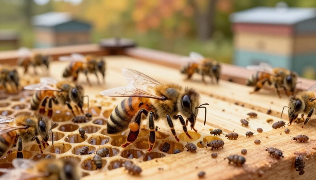 A detailed, scientifically accurate illustration of varroa mite thresholds, featuring a close-up view of a bee frame, with a prominent focus on varroa mites clustered on honeybee bodies. In the foreground, a honeybee is prominently displayed, its legs showing visible varroa mites, emphasizing the impact on bee health. The middle layer includes additional bees on the frame, showcasing a variety of mite counts. The background depicts a softly blurred beehive, with warm natural light filtering through, creating a calm and educational atmosphere. The composition should capture the essence of seasonal variations, portraying a subtle change in foliage coloration outside the hive. The image should be sharp and well-lit, as if taken with a macro lens at a slight angle, to enhance the intricate details of both bees and mites. The overall mood is informative and engaging, inviting viewers to explore the intricate relationship between bees and varroa mites.