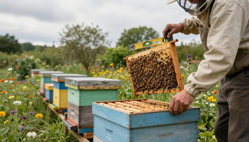 A detailed, serene scene of a beekeeper leveling a hive stand in a lush garden setting. In the foreground, a person in modest casual attire carefully adjusts a wooden hive stand using a spirit level, showing meticulous attention to detail. In the middle ground, colorful bee nuc boxes are positioned on the stand, demonstrating their readiness for placement. The background features blooming wildflowers and green trees under soft, diffused sunlight filtering through a light cloud cover, creating an inviting atmosphere. The focus should highlight the connection between the beekeeper and the natural environment, capturing a sense of calm and diligence in the task of preparing the hive for the new nuc. The lens captures this moment from a slightly low angle, emphasizing the hive stand against the vibrant surroundings. A detailed, serene scene of a beekeeper leveling a hive stand in a lush garden setting. In the foreground, a person in modest casual attire carefully adjusts a wooden hive stand using a spirit level, showing meticulous attention to detail. In the middle ground, colorful bee nuc boxes are positioned on the stand, demonstrating their readiness for placement. The background features blooming wildflowers and green trees under soft, diffused sunlight filtering through a light cloud cover, creating an inviting atmosphere. The focus should highlight the connection between the beekeeper and the natural environment, capturing a sense of calm and diligence in the task of preparing the hive for the new nuc. The lens captures this moment from a slightly low angle, emphasizing the hive stand against the vibrant surroundings.