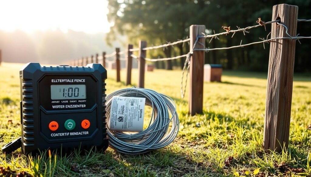 A detailed setup of an electric fence energizer and wire installation specifically designed for beehive protection. In the foreground, prominently feature a battery-powered electric fence energizer, showcasing its digital display and various control buttons. Next to it, illustrate the coiled wire used for the fence, with clear labels indicating its gauge and specifications. In the middle ground, capture the actual installation of the wire, running along sturdy wooden posts, with barbed wire edges clearly visible. In the background, depict a grassy beehive area surrounded by trees under soft, diffused sunlight, creating a calm and secure atmosphere. The scene should evoke a sense of safety and protection, presented from a slightly elevated angle to include the entire fence setup.