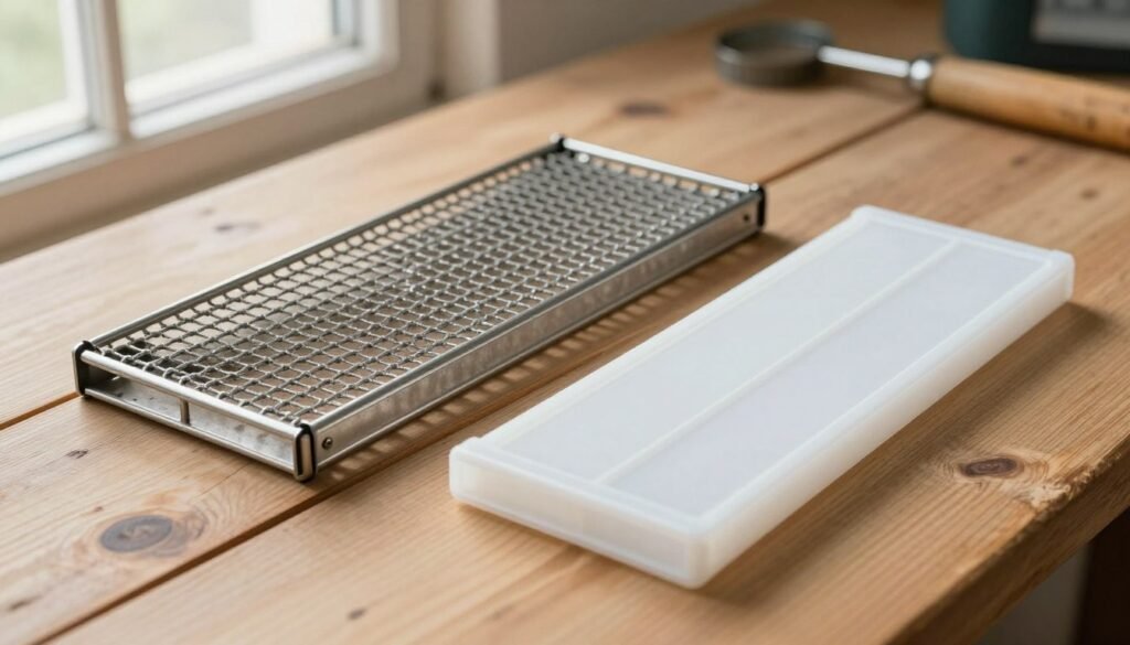 A detailed side-by-side comparison of a metal queen excluder and a plastic queen excluder, placed on a clean, rustic wooden surface. The metal excluder should display its shiny, robust finish, with intricate mesh patterns clearly visible. The plastic excluder, in contrast, needs to have a matte, lightweight appearance, showcasing its flexibility. Bright, natural lighting pours in from a window on the left, creating soft shadows that highlight the textures of both materials. The image is shot from a slightly elevated angle, ensuring both excluders are the focal point, with a blurred beekeeping tool in the background for context. The atmosphere is professional and informative, emphasizing clarity and detail for an educational purpose.