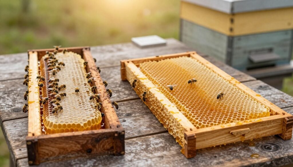 A detailed side-by-side comparison of narrow frames and standard frames for brood, prominently displayed on a rustic wooden table. In the foreground, two sets of frames are neatly organized; one narrow frame showcasing neatly arranged honeycomb with bees, and the other standard frame filled with vibrant honeycomb, capturing the different sizes. In the middle area, soft, diffused natural light highlights the texture of the wood and the golden hues of honey. In the background, a blurred beehive adds context to the scene, casting a warm glow. Shot from a slight overhead angle to emphasize the differences in frame dimensions, creating an informative yet inviting atmosphere, ideal for an engaging visual comparison while conveying the essence of beekeeping. A detailed side-by-side comparison of narrow frames and standard frames for brood, prominently displayed on a rustic wooden table. In the foreground, two sets of frames are neatly organized; one narrow frame showcasing neatly arranged honeycomb with bees, and the other standard frame filled with vibrant honeycomb, capturing the different sizes. In the middle area, soft, diffused natural light highlights the texture of the wood and the golden hues of honey. In the background, a blurred beehive adds context to the scene, casting a warm glow. Shot from a slight overhead angle to emphasize the differences in frame dimensions, creating an informative yet inviting atmosphere, ideal for an engaging visual comparison while conveying the essence of beekeeping.