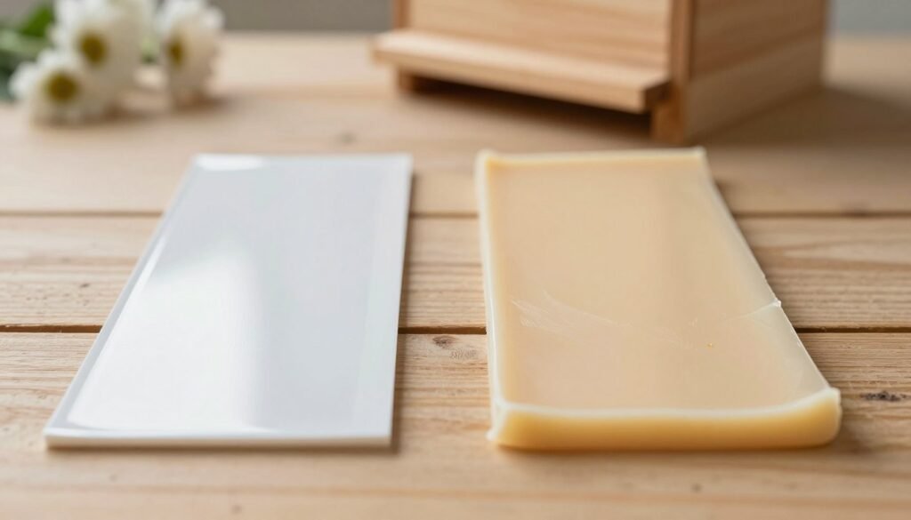 A detailed side-by-side comparison of plastic and wax foundation panels on a wooden surface. In the foreground, show two distinct strips of foundation: a shiny plastic strip on the left, reflecting light, and a textured wax strip on the right, showcasing its natural finish. In the middle, highlight subtle differences in color and texture, with close-up details capturing the unique characteristics of each material. The background should be softly blurred, featuring a wooden beehive and floral elements, to enhance the focus on the foundations. Use soft, natural lighting to create a warm, inviting atmosphere, emphasizing the practicality and modern appeal of plastic foundation alongside the traditional charm of wax. The overall mood should be informative and engaging, perfect for a comparative overview.