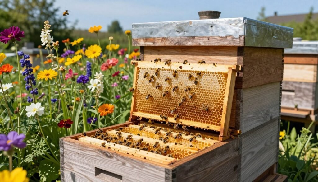 A detailed single brood box hive situated in a lush garden, surrounded by vibrant blooming flowers that attract bees. In the foreground, the wooden hive is open, revealing honeycomb frames filled with golden honey and busy worker bees. The middle ground features a variety of colorful flowers and pollinators at work, emphasizing the hive's role in pollination. The background showcases a clear blue sky with soft, natural lighting, casting gentle shadows. The perspective is angled slightly from above, highlighting the structure and functionality of the brood box. The overall mood is tranquil and harmonious, conveying the importance of bees in nature and their essential contribution to the ecosystem.