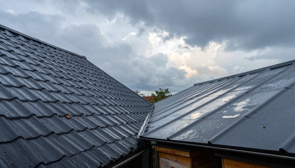 A detailed split-image of two types of roofs: on the left, a gabled roof covered in rainwater with raindrops glistening, showcasing its steep design and effective drainage. On the right, a flat roof slightly tilted to demonstrate pooling water, with small puddles reflecting cloudy skies. In the foreground, a bee hive sits prominently under each roof, illustrating the environmental impact on honey production. The background features a dramatic overcast sky, hinting at an impending storm, with dark clouds and soft diffused sunlight peeking through, creating a moody atmosphere. Use a wide angle lens to capture the expansive scene, emphasizing the contrast between the two roofing styles. The overall color palette is cool, with grays and blues, enhancing the weathered look of the roof materials.