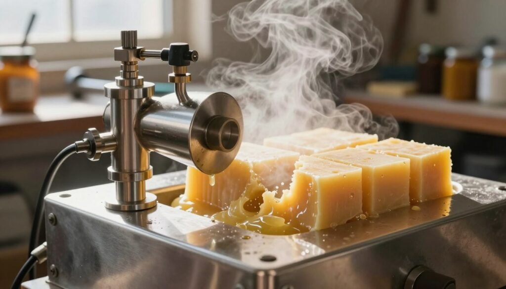 A detailed steam wax melter in action, with a sleek stainless steel design reflecting bright, warm tones of steam. In the foreground, a close-up view showcases the melter's intricately designed piping and valve system, releasing wisps of steam. The middle ground features large, vibrant chunks of beeswax gradually melting under the heat, with droplets glistening in the light. In the background, a sunlit workshop filled with tools and jars, hinting at a productive environment. Soft, diffused lighting creates a warm, inviting atmosphere, emphasizing the efficiency of steam melting. The angle captures both the craftsmanship of the melter and the rich, natural textures of the wax. No people are present, focusing solely on the technological process.