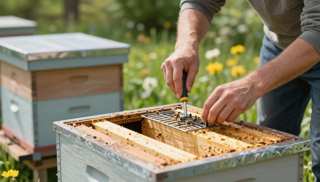 A detailed, step-by-step illustration of a hive entrance installation for honeybees, showcasing a close-up view in the foreground of a well-constructed mouse guard being fitted onto a beehive entrance. The middle layer includes hands, depicted in modest casual clothing, carefully securing the mouse guard with tools like a screwdriver and jigsaw. The background features a sunny outdoor setting with green foliage and blooming flowers, creating a vibrant atmosphere. Soft natural lighting enhances the scene, while a slightly tilted camera angle captures the action dynamically. The overall mood is informative and serene, emphasizing safety and meticulous installation procedures.