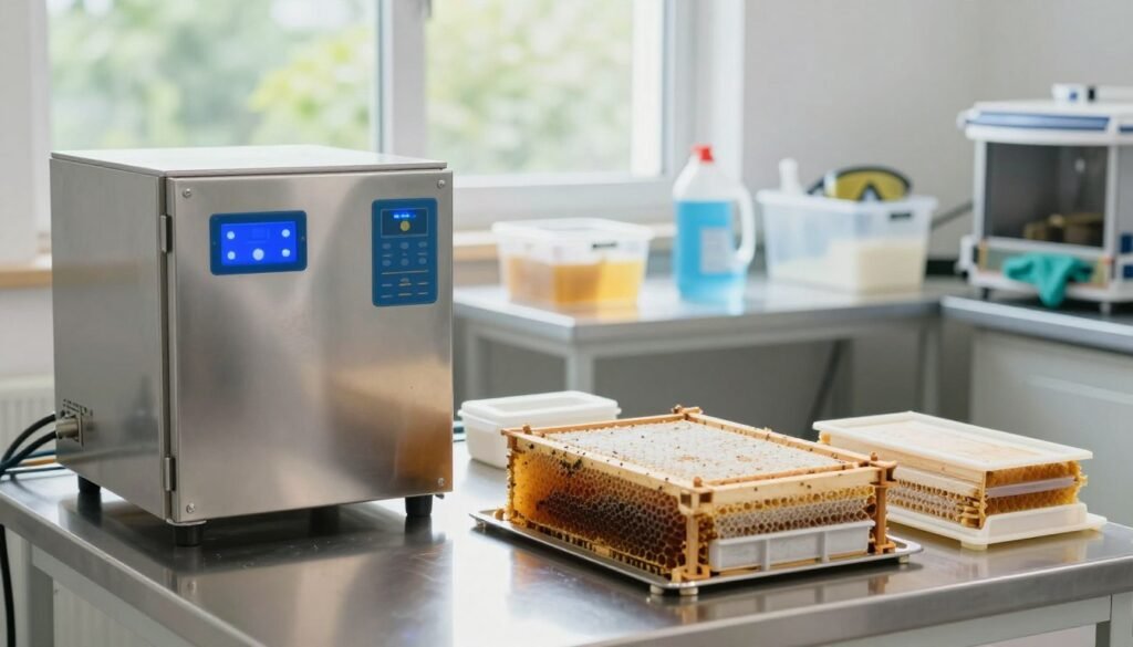 A detailed sterilization hive setting showcasing a modern, high-tech beekeeping environment. In the foreground, a sleek stainless steel sterilization unit with glowing blue LED indicators and a control panel. Nearby, various hive components such as frames and honey supers are arranged neatly, reflecting a clean and organized workspace. In the middle ground, a bright, well-organized workstation with clear containers for cleaning agents and safety gear, including gloves and goggles. The background features a sunlit window with greenery visible outside, contributing to a fresh and airy atmosphere. Soft, natural lighting enhances the cleanliness and efficiency of the space, creating a calm yet focused mood that emphasizes safe and effective sterilization methods.