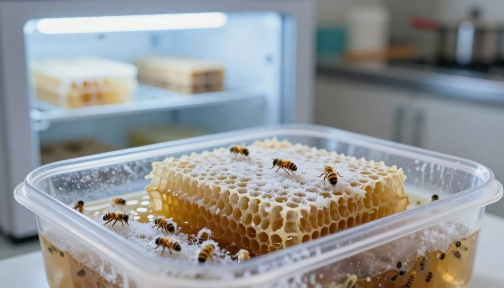 A detailed still-life composition focused on freezing frames to kill wax moth larvae. In the foreground, a close-up view of a clear, frost-covered container filled with drawn comb, showcasing the intricate honeycomb structure. Surrounded by small, frozen wax moth larvae visible within the ice, highlighting the effect of freezing. The middle ground features a softly illuminated freezer or a frost-laden shelf, with gentle blue lighting to emphasize the cold atmosphere. In the background, a blurred kitchen environment with tools and equipment used for beekeeping, creating a subtle contrast. The overall mood is clinical yet informative, evoking a sense of protection and preservation in bee management. Soft focus and shallow depth of field enhance the intricate details of the larvae and honeycomb.
