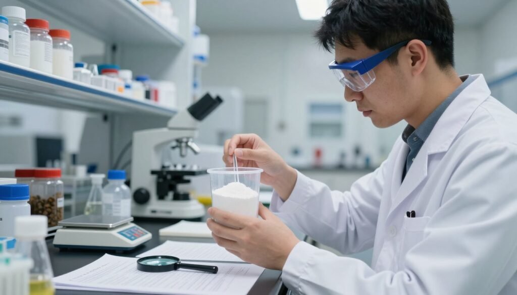 A detailed sugar shake test setup in a laboratory environment. In the foreground, a professional wearing a white lab coat and safety goggles is carefully holding a transparent container filled with powdered sugar, poised to perform the test. The middle ground features a well-organized lab table scattered with bee-related research materials, a magnifying glass, and a small scale for weighing. The background includes laboratory shelves stocked with jars, tools, and scientific equipment, softly illuminated by overhead fluorescent lights, creating a bright, sterile atmosphere. The camera angle is slightly elevated, focusing on the actions of the technician while capturing the context of the workspace. The mood is focused and meticulous, emphasizing precision in scientific testing.