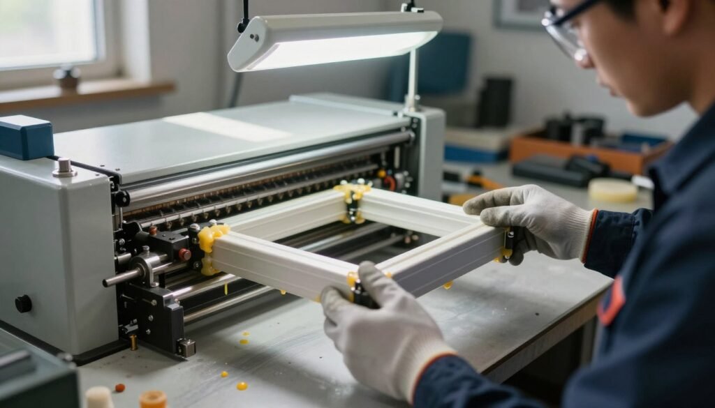 A detailed troubleshooting scene centered on a frame feeder in an industrial setting. In the foreground, a close-up of a technician’s hands inspecting a frame feeder, revealing wax buildup and small leaks around the joints. The technician is dressed in professional work attire, wearing gloves and safety goggles. In the middle ground, the frame feeder is prominently displayed, showing intricate components and mechanisms with some wax residue glistening under bright overhead lights. The background features a well-organized workshop with tools and equipment, softly blurred to emphasize the technician’s work. The image captures a focused, methodical atmosphere, illuminated by natural light streaming through a nearby window, casting dynamic shadows across the scene.