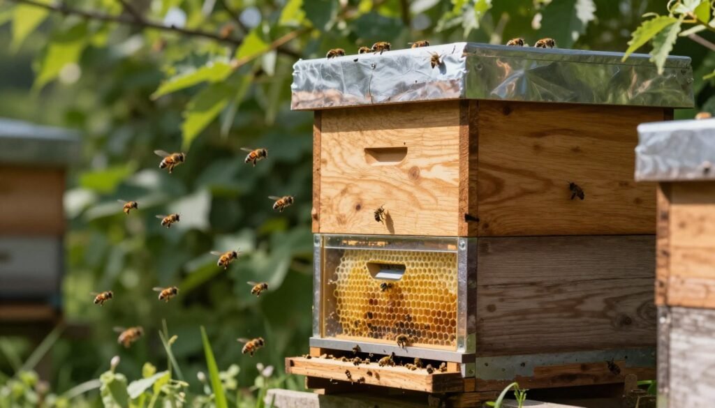 A detailed vertical beehive system designed for two queens stands majestically in the foreground, showcasing its innovative structure with wooden frames, clear glass observation panels, and vibrant honeycomb patterns. The hive is surrounded by bustling bees in flight, highlighting the activity of a thriving colony. In the middle ground, lush green foliage provides a natural backdrop, capturing the essence of a serene garden environment. Soft, diffused sunlight filters through the leaves, casting gentle shadows on the hive. The angle is slightly low to emphasize the hive's height and the bees’ movement. The overall mood is tranquil yet dynamic, conveying the harmony of nature and the efficiency of the two-queen system in perfect balance.