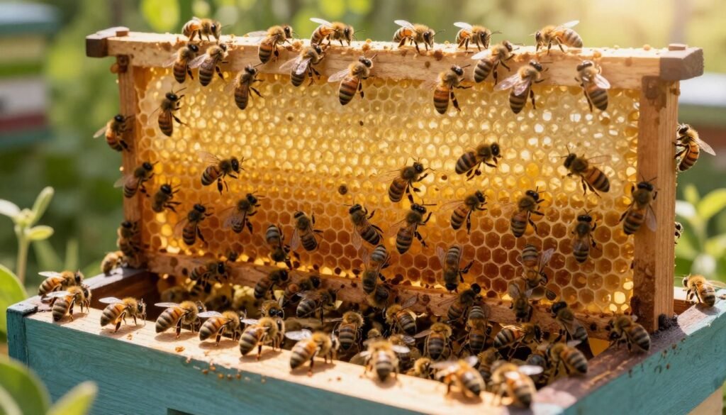 A detailed, vibrant depiction of a bustling queen honeybee hive, focusing on the layered structure within. In the foreground, a close-up of busy worker bees attending to their responsibilities, some feeding larvae, while others guard the entrance. The middle ground features honeycomb cells, rich with golden honey and developing brood, illuminated by soft, warm light that mimics the sun's rays filtering through foliage. The background shows the hive's natural environment, with lush green plants and gentle sunlight streaming down, creating a serene and productive atmosphere. Capture a sense of harmony and diligence as the bees work together, emphasizing the critical role of the queen in maintaining hive health. The image should evoke a feeling of curiosity and respect for these industrious creatures without any text or distractions.