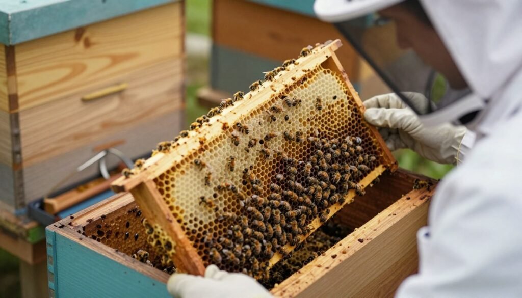 A detailed view of a bee colony within a wooden hive, showcasing various frames and cells that are being analyzed. In the foreground, a researcher in a white lab coat is carefully inspecting a frame, looking for signs of disease or pests. The middle area features open frames with honeycomb and empty cells, while the background includes additional hive equipment and a few scattered beekeeping tools. Soft natural lighting filters in, creating a warm atmosphere that emphasizes the importance of the task. The camera angle is slightly above eye level, focusing on the frame being inspected, highlighting the intricate details of the hive architecture. The overall mood is one of curiosity and concern, reflecting the delicate balance of bee health and colony sustainability.