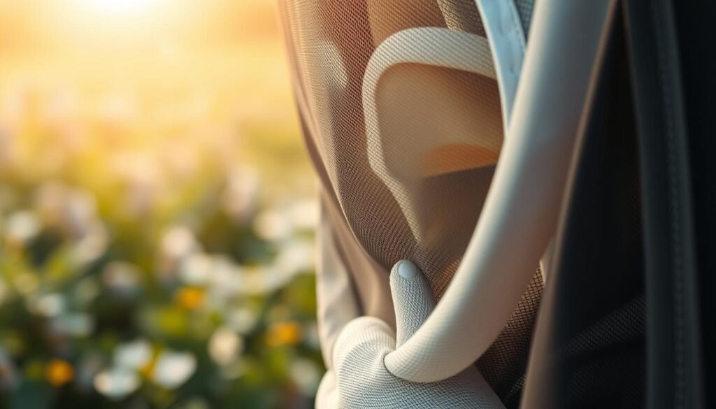 A detailed view of a bee veil used in beekeeping, prominently displayed in the foreground with layers of fine mesh fabric showcasing its intricate design and texture. The veil is slightly gathered, revealing a soft, professional-looking hat underneath. In the middle ground, a pair of gloved hands gently holds the veil, demonstrating its importance in protective gear. The background features a blurred, sunny landscape of a blossoming garden, enhancing the atmosphere with warm, natural light. The angle captures a close-up perspective, highlighting the veil’s functionality and detail, while soft, diffused lighting adds to the calm and professional mood. The image should be clean and free of any text or branding elements.