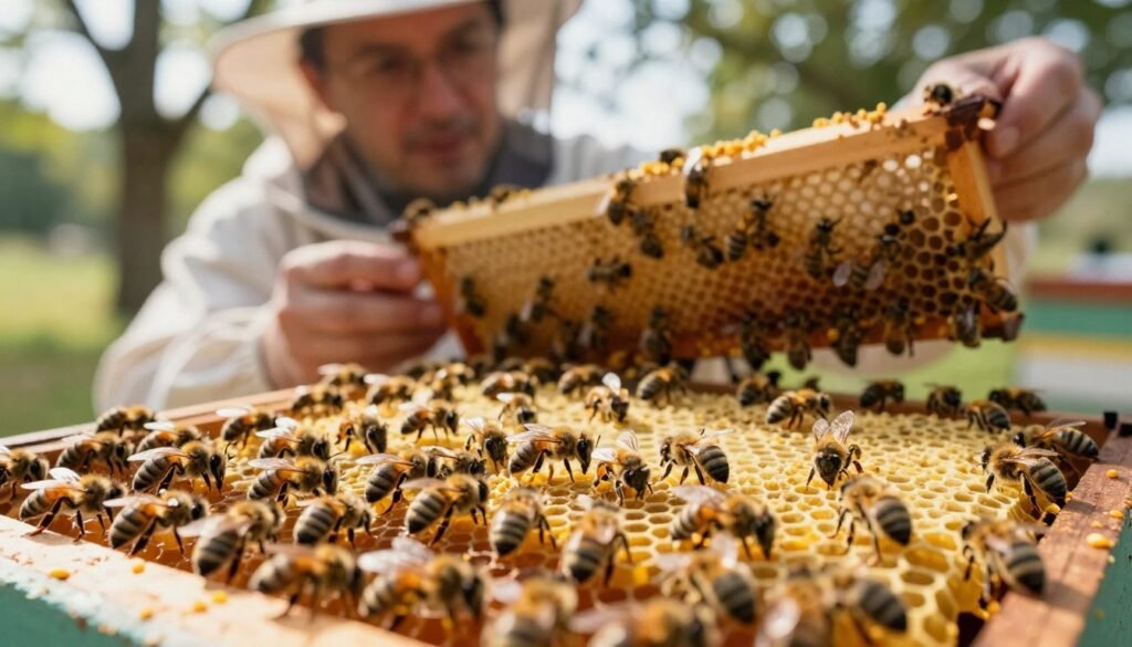 A detailed view of a beehive interior during the daytime, capturing the vibrant activity of bees working to maintain hive nutrition. In the foreground, numerous bees are clustered around honeycomb cells filled with golden honey and bee pollen, showcasing a variety of textures. In the middle ground, a beekeeper in professional attire examines a frame with a thoughtful expression, closely monitoring the bees’ health and nutrition, ensuring the hive thrives. The background features soft sunlight filtering through a nearby tree, creating a warm and inviting atmosphere. The lens is set for a shallow depth of field, focusing sharply on the bees and hive frame while softly blurring the background, emphasizing the crucial relationship between hive nutrition and bee well-being.