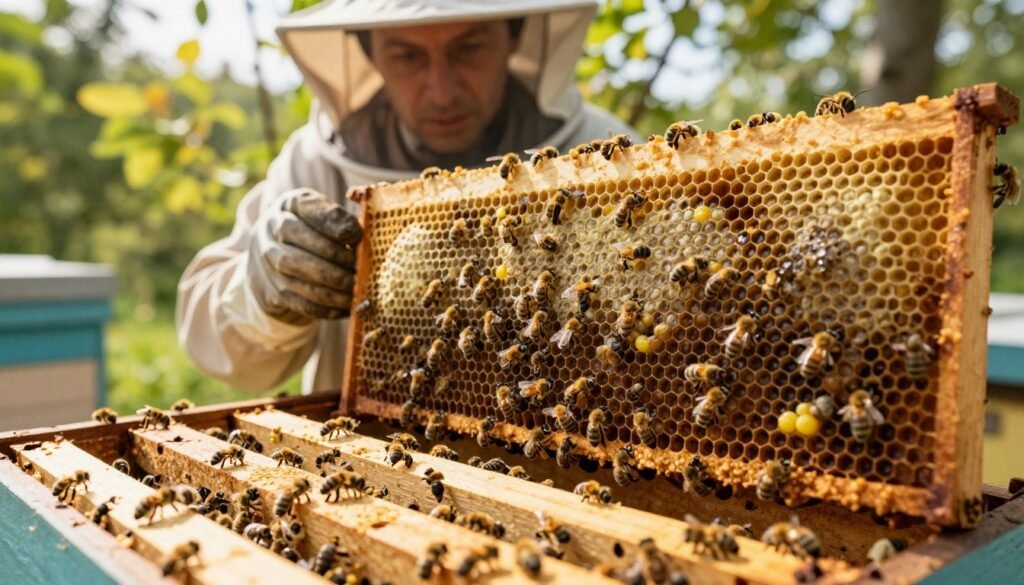 A detailed view of a beehive interior, showcasing hive space and swarm indicators. In the foreground, several frames filled with bees working busily, some capped brood cells with visible larvae and eggs. Honeycomb structures are highlighted, emphasizing the intricate patterns of hexagonal beeswax. In the middle ground, a beekeeper in modest clothing inspects the frames with a focused expression, wearing protective gloves and a veil, carefully checking for signs of swarming like queen cells. The background reveals a warm, sunlit hive surrounded by green foliage, creating a calm atmosphere. Soft, natural light filters through, casting gentle shadows, enhancing the details of the honeycomb and bees. The composition captures the essence of brood inspection and hive management.