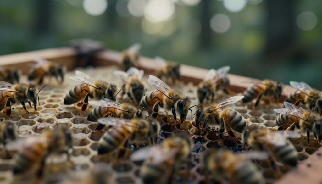A detailed view of a beehive showcasing the intricate dynamics of queen rejection within a colony. In the foreground, depict a cluster of worker bees in motion, exhibiting signs of agitation around a queen bee that is visibly struggling to be accepted. The middle ground should feature the hive structure, made of natural honeycomb cells, with some cells open and others capped, highlighting the tension within. The background should be a blurred forest, dappled with soft, natural sunlight filtering through leaves, creating a serene yet unsettling atmosphere. Use a macro lens perspective to emphasize the details of the bees and hive, with a slightly darker, moody lighting to capture the potential risk and rejection theme.