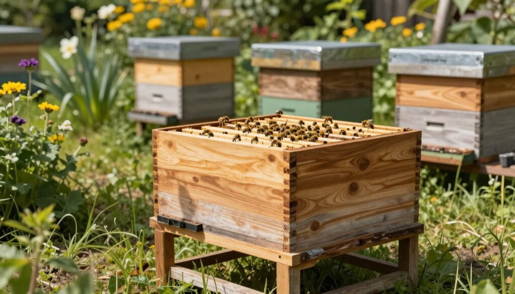 A detailed view of a beehive stand in a garden setting. In the foreground, showcase a robust wooden DIY beehive stand, featuring natural wood grain and sturdy legs, slightly weathered from time. In the middle ground, place neatly arranged beehive boxes with vibrant yellow and black bees foraging around, illustrating the life within. In the background, include a lush green landscape with blooming flowers and tall grass, signaling a healthy ecosystem. Soft, warm sunlight filters through the leaves, casting dappled shadows on the ground. The angle captures the stand from a slightly elevated perspective, enhancing depth. The mood is tranquil and harmonious, emphasizing the connection between the stand's construction and the thriving bee population it supports.